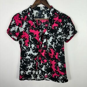 Banana Republic Petite XS Tie Neck Blouse Pink Black Abstract Artsy Office Chic